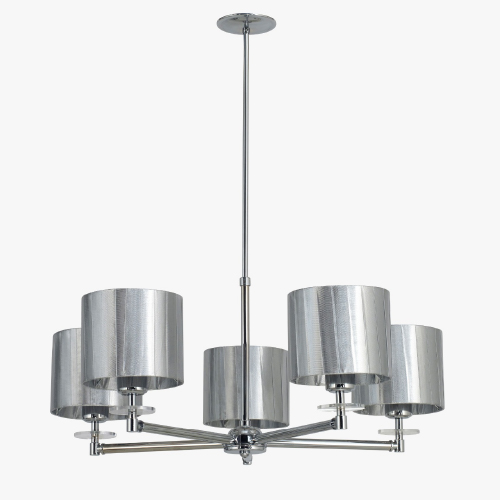 Araña Odin de 5 luces cromo con pantallas cilíndricas egipcio blanco